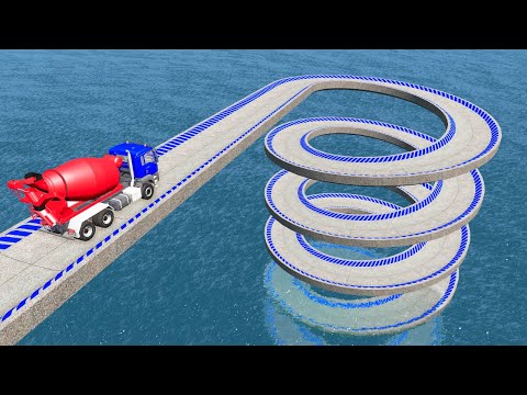 Weird Mistakes on Bridges Cars Vs Impossible Giant Spiral Bridge Crossing Deep Water - BeamNG.Drive