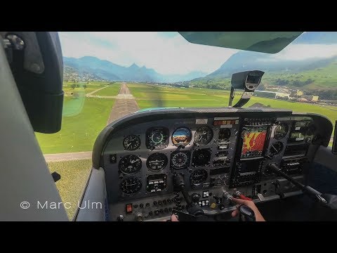 Buochs Caution BIRDS on the Runway! - Cessna 172N Skyhawk Cockpit + Wing View SCENIC ARRIVAL
