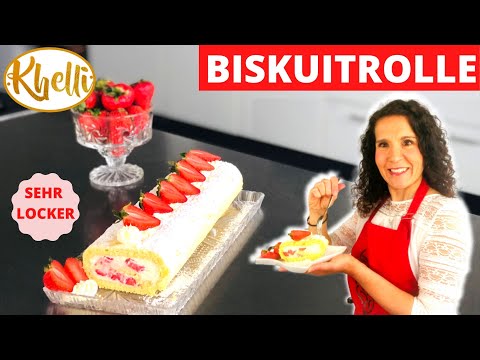 Biskuitrolle mit Erdbeeren und Sahne-Quarkcreme/ gelingsicheres Rezept / einfach /  Khellisbackwelt
