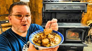 Cheeseburger Soup Cooking Over The Wood Stove