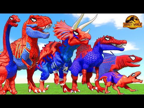 All Spiderman T-Rex vs ALL RED SPIDER-MAN Battle in Jurassic World |Dinosaur Pro SuperHero Team|