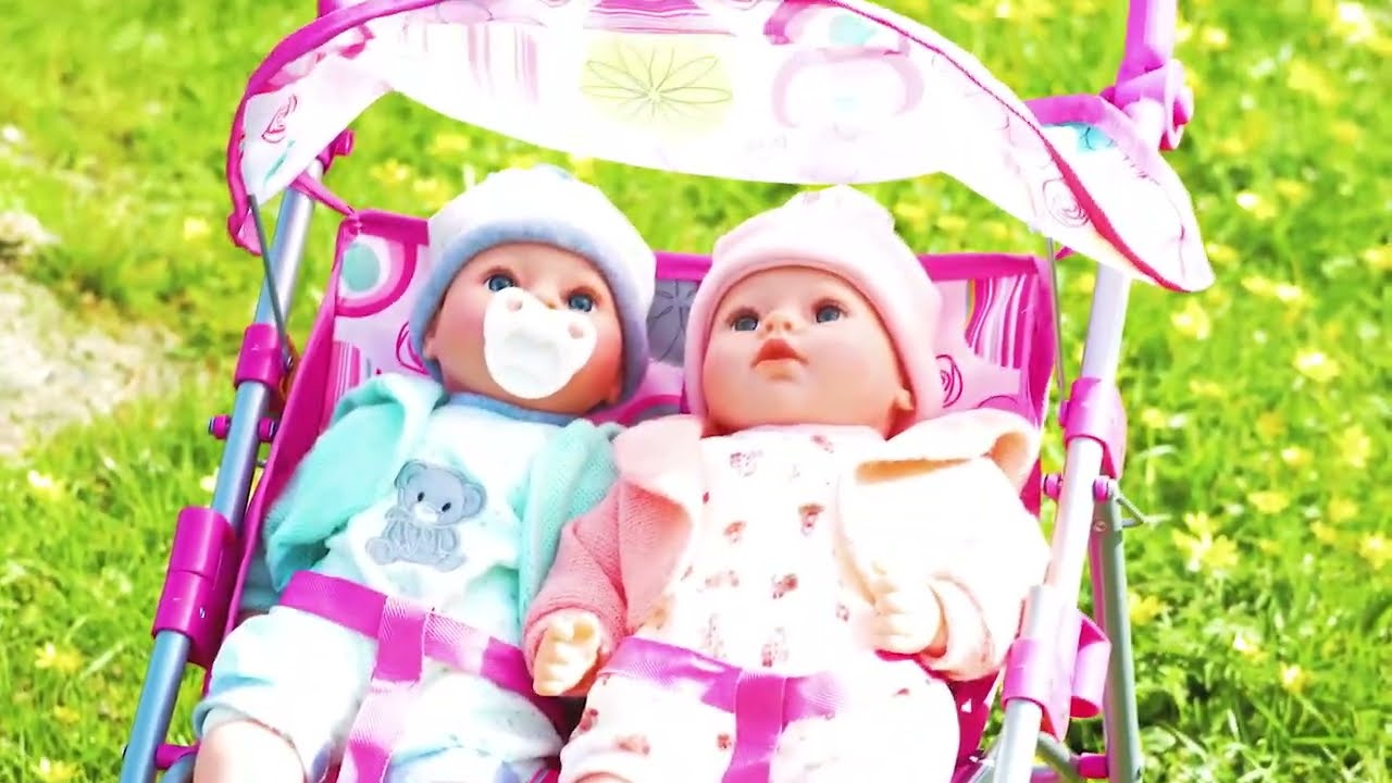 Pink Twin Dolls Stroller with Storage Basket