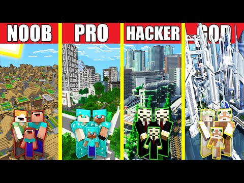 Minecraft Battle: CITY BUILD CHALLENGE - NOOB vs PRO vs HACKER vs GOD / Animation MODERN HOUSE