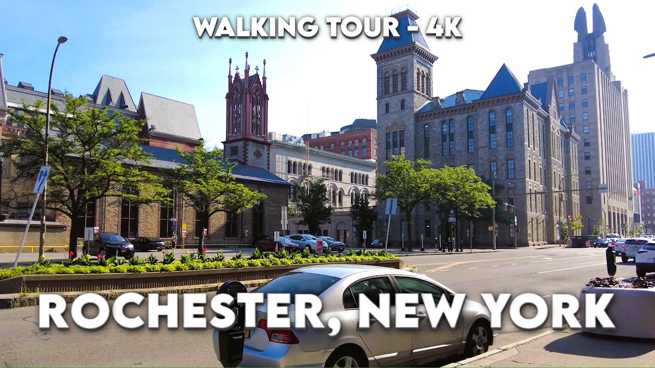 Immersive street-level walking tour through Rochester, NY, United States, showcasing authentic urban landscapes, local architecture, and the vibrant atmosphere of the city's neighborhoods