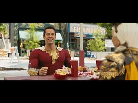 Shazam! Fury of the Gods 2023 official trailer still with hero lineup against stormy Philadelphia skyline
