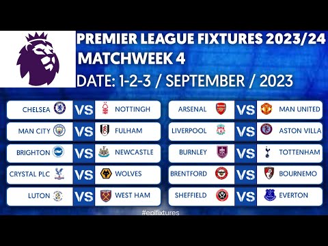 EPL Fixtures Today -  Match Week 4 -English Premier League Fixtures 2023/2024 Season