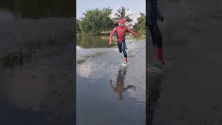 spiderman running on rain water