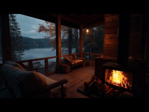 Rain on Porch and Fireplace Crackling | Cozy Cabin by the Lake on Rainy Day