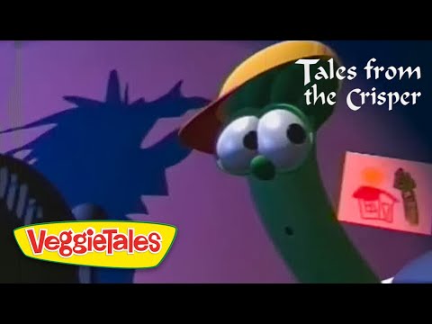 Green veggie with a yellow hat looks at a pink poster on a purple wall; VeggieTales 'Tales from the Crisper' title visible in the corner.