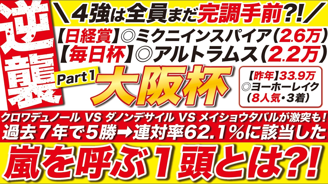 🎯過去７年で５勝の黄金データ→【大阪杯2026予想】クロワデュノール VS ダノンデサイルが集結も！連対率62.1％に該当した、嵐を呼ぶ１頭とは？