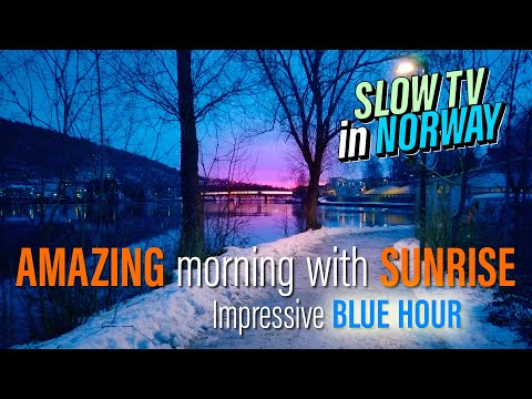 [Slow TV] AMAZING SUNRISE // Impressive RIVER in BLUE HOUR - Drammen, Norway (Winter 2022)