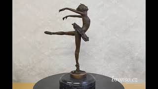 Bronzová socha baletky Art Nouveau – ruční práce, 31 cm, mramorový podstavec