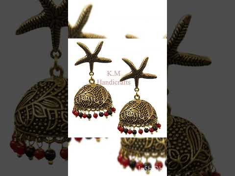 GS Starfish Design Oxidized Jhumka Earrings with Red or Black  Beads