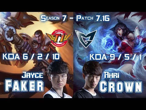 SKT T1 Faker JAYCE vs SSG Crown AHRI Mid - Patch 7.16 KR Ranked