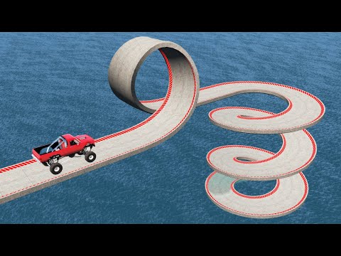 Impossible Loop Spiral Bridge Crossing Cars Vs Cliff and Deep Water - BeamNG.Drive