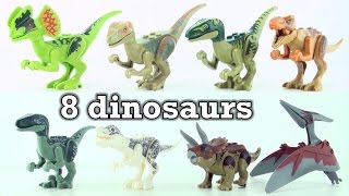 YouTube thumbnail: 8 lego dinosaurs from Jurassic world - Tyrannosaurus Velociraptor Indominus Rex Triceratops