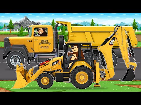 Farm Work: Yellow Construction Machines and Tractor Backhoe Loader Building a Bridge | Vehicles