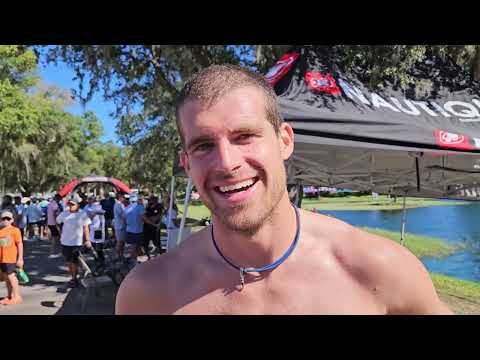 Freddie Winter reacts to winning the men's slalom title at the 2023 World Waterski Championships