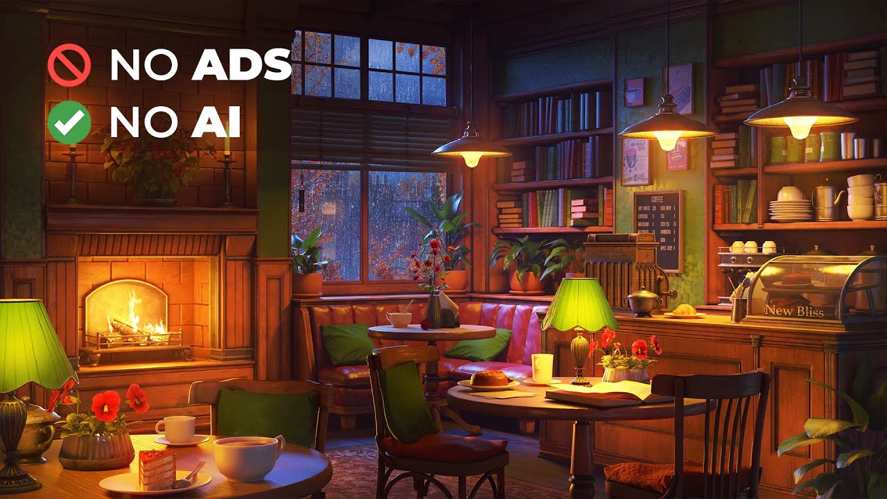 A Vintage Book Cafe Ambience with Smooth Jazz Music, Crackling Fire and Rain Sounds