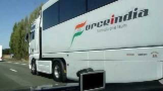 preview picture of video 'Force India F1 Truck v Brawn F1 Truck'