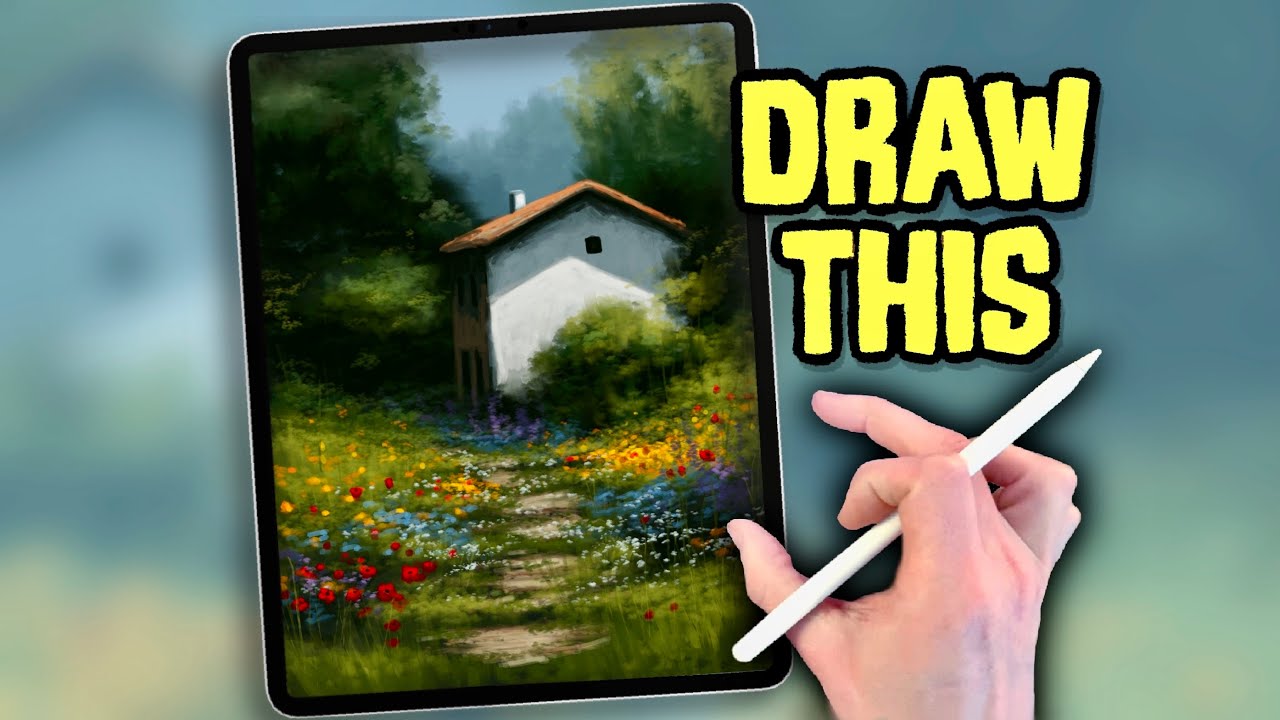 EASY PROCREATE Landscape Drawing Tutorial - Summer Cottage