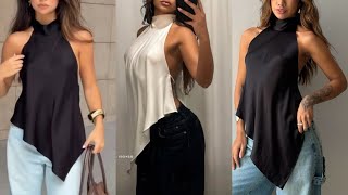 DIY | How to cut and sew a backless halter neckline top with asymmetrical waistline. (Free hand).