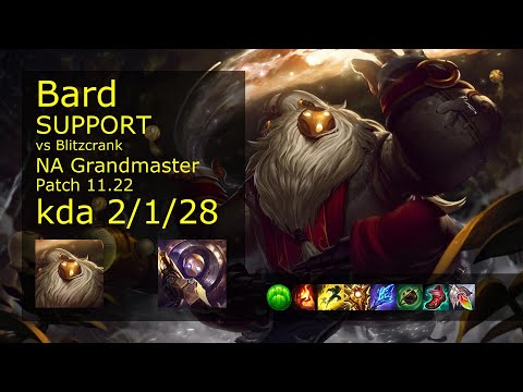 Bard Support vs Blitzcrank - NA Grandmaster 2/1/28 Patch 11.22 Gameplay