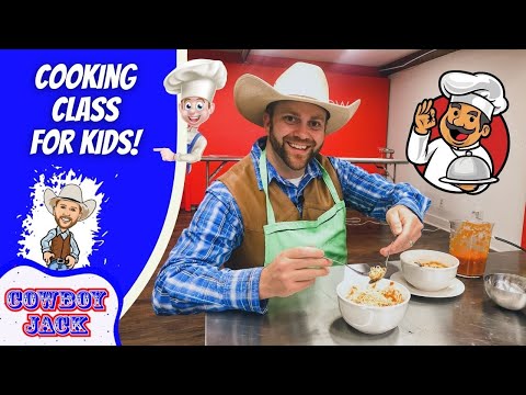 Man in cowboy hat and green apron smiles while eating pasta at a cooking class for kids; colorful left panel reads 'Cooking Class for Kids!' with cartoon cowboys.
