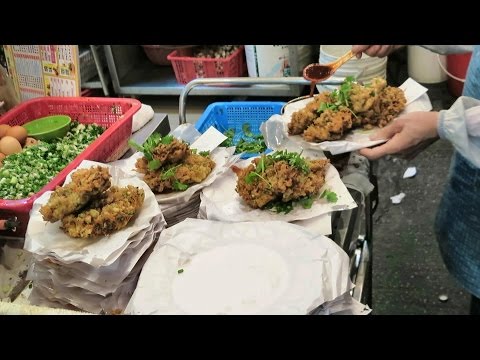 Hong Kong Street Food. Making  a Fried Oysters Cake. Seen in Kowloon