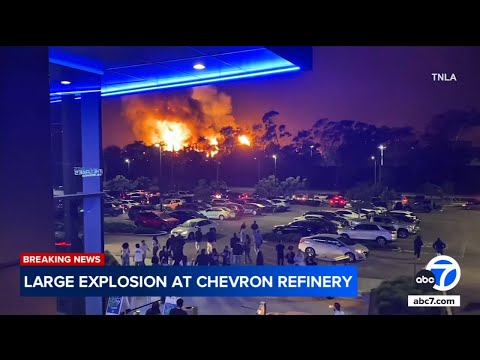 Massive fire at Chevron El Segundo refinery seen from Top Golf venue