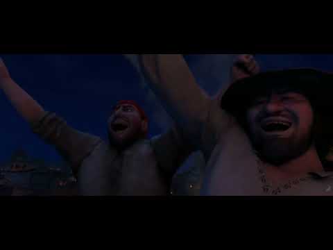 Trailer end card with Puss in Boots title and the cat’s feathered hat silhouette