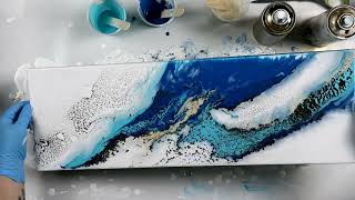 (898) *STUNNING*Teal and Gold Mixed Media Acrylic Pour Painting with Spray Paint!