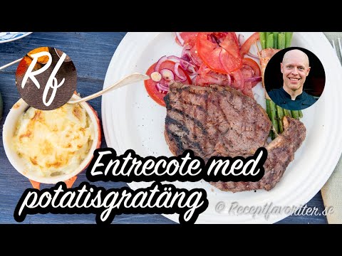 Entrecote med potatisgratäng samt förslag på tillbehör som baconlindade haricots verts samt tomat- och rödlökssallad.>