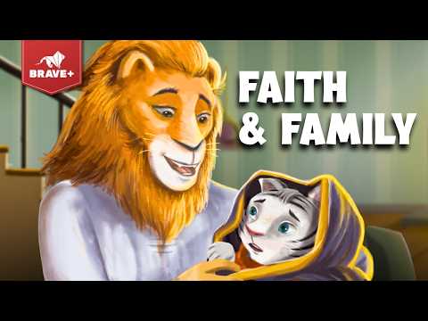 Brave+ logo in top-left; a smiling orange lion comforts a small white tiger cub wrapped in a yellow-purple blanket, with the bold 'FAITH & FAMILY' text.