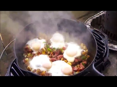 One Skillet Breakfast in Old Cast Iron over Open Fire