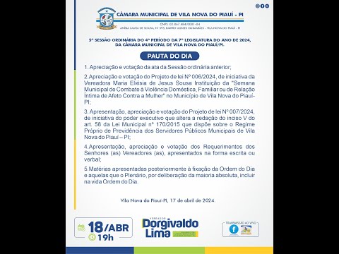 #VilaNovadoPiauí #CMVN | 5ª Sessão Ordinária do 4º Período da 7ª Legislatura