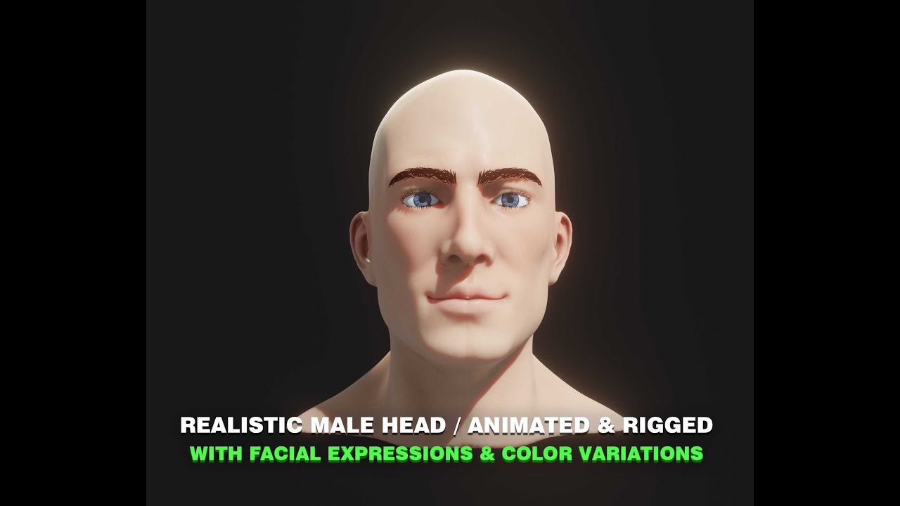 Realistic Male Head 3D Model Animated with Facial Expressions Animations