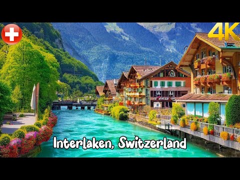 Interlaken, Schweiz Spaziergang an einem regnerischen Tag 4K - Schöne Schweizer Stadt