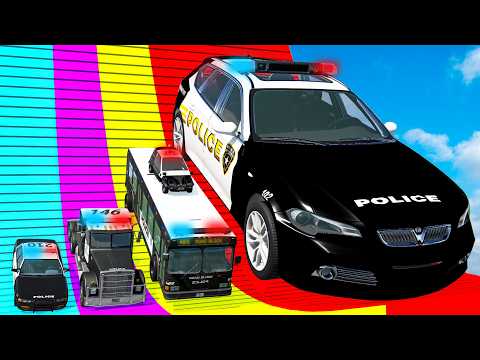 Giant & Small Police Car vs Portal Trap with Slide Colors – Cars vs Trains – BeamNG.Drive