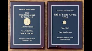 Sf writers Cherryh, Hoyt, Fancher and Wilson and LFS leaders explore “Visions of SF, Liberty, Human Rights: The Prometheus Awards Over Four Decades, from F. Paul Wilson and Robert Heinlein to Today” in North American Science Fiction Convention panel & 2020 Prometheus Awards ceremony