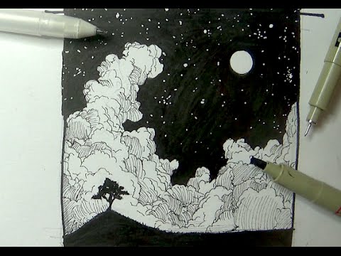 Pen Ink Drawing Tutorials | How to draw a night sky landscape with moon stars clouds