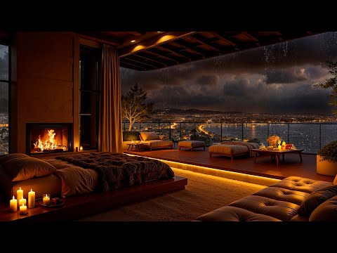 Cozy Apartment Ambience on a Rainy Night ⛈ Tender Jazz Saxophone Music & Rain Sounds to Study, Sleep