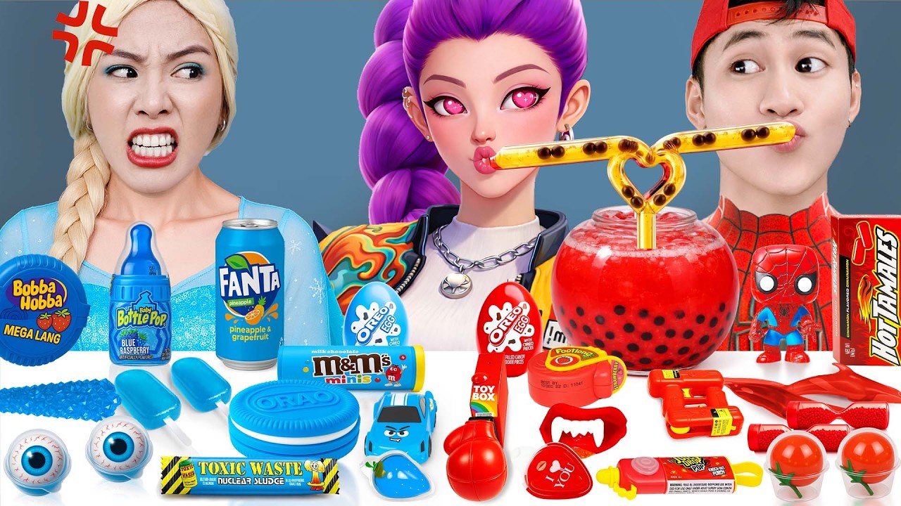 24時間赤い食べ物だけを食べるチャレンジ | ASMRモッパン Spiderman VS Rumi - Kpop Demon Hunters