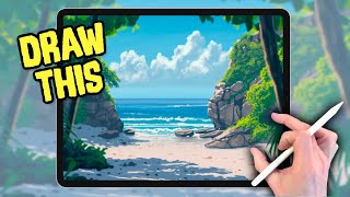 PROCREATE DRAWING Tutorial LANDSCAPE in Easy STEPS - Summer Beach