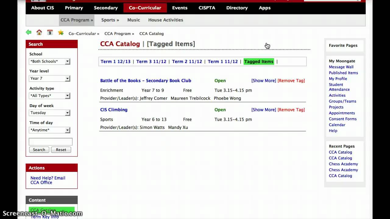 Choosing an activity using CCA catalog