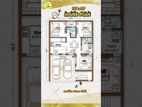 33'× 45' House Plan with 2 Car Parking, 2BHK, Open Wash, 40*50 house design, 30 by 50 home plan