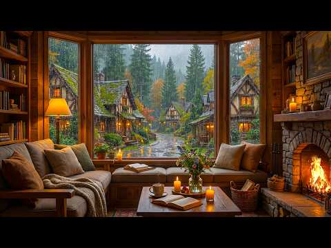 Calm Rainy Café Vibes ☕ Gentle Jazz Piano & Crackling Fireplace for Work & Study