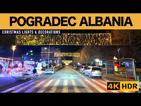 POGRADEC, ALBANIA - New Year Decorations 🎄Freezing Cold, Driving Tour  Night [4K HDR]