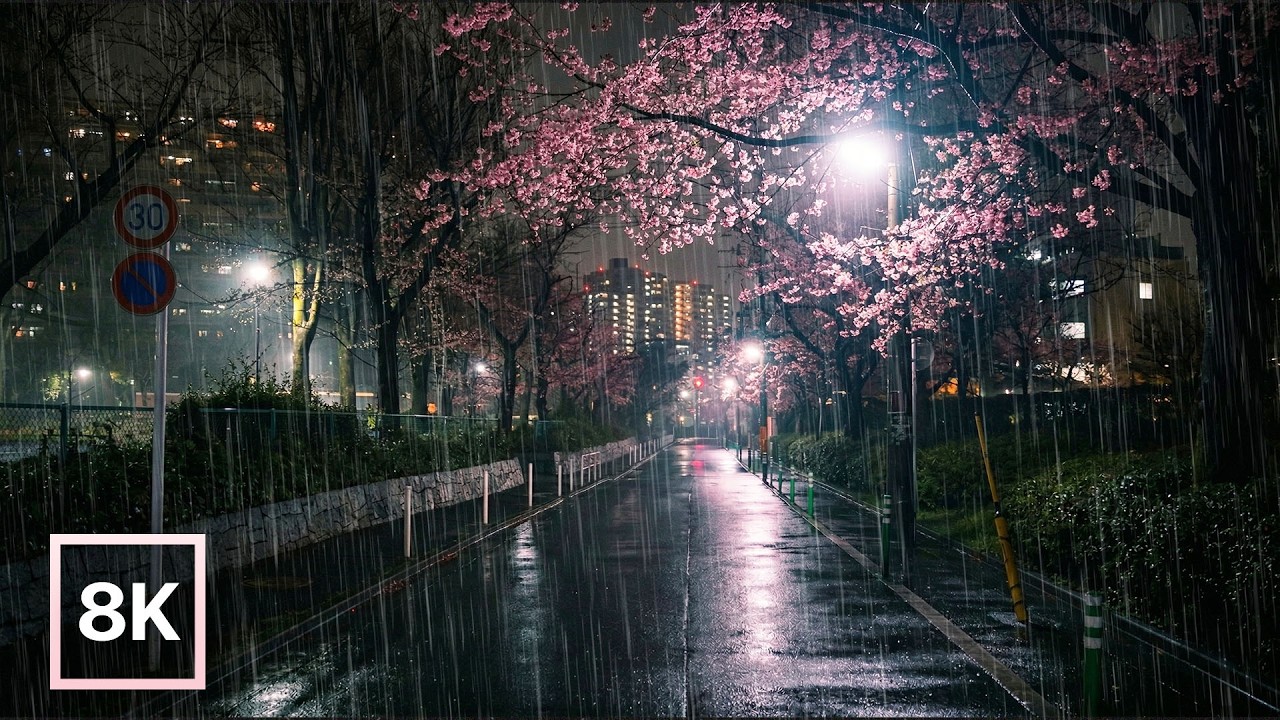 Tokyo Cherry Blossoms in the Rain 🌸 Night Walk / 8K 60fps HDR / Natural Rain & City Ambience