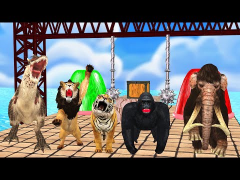 Choose The Right Fountain Crossing With Elephant Cow Gorilla Dinosaur Lion Tiger Mystery Box challen